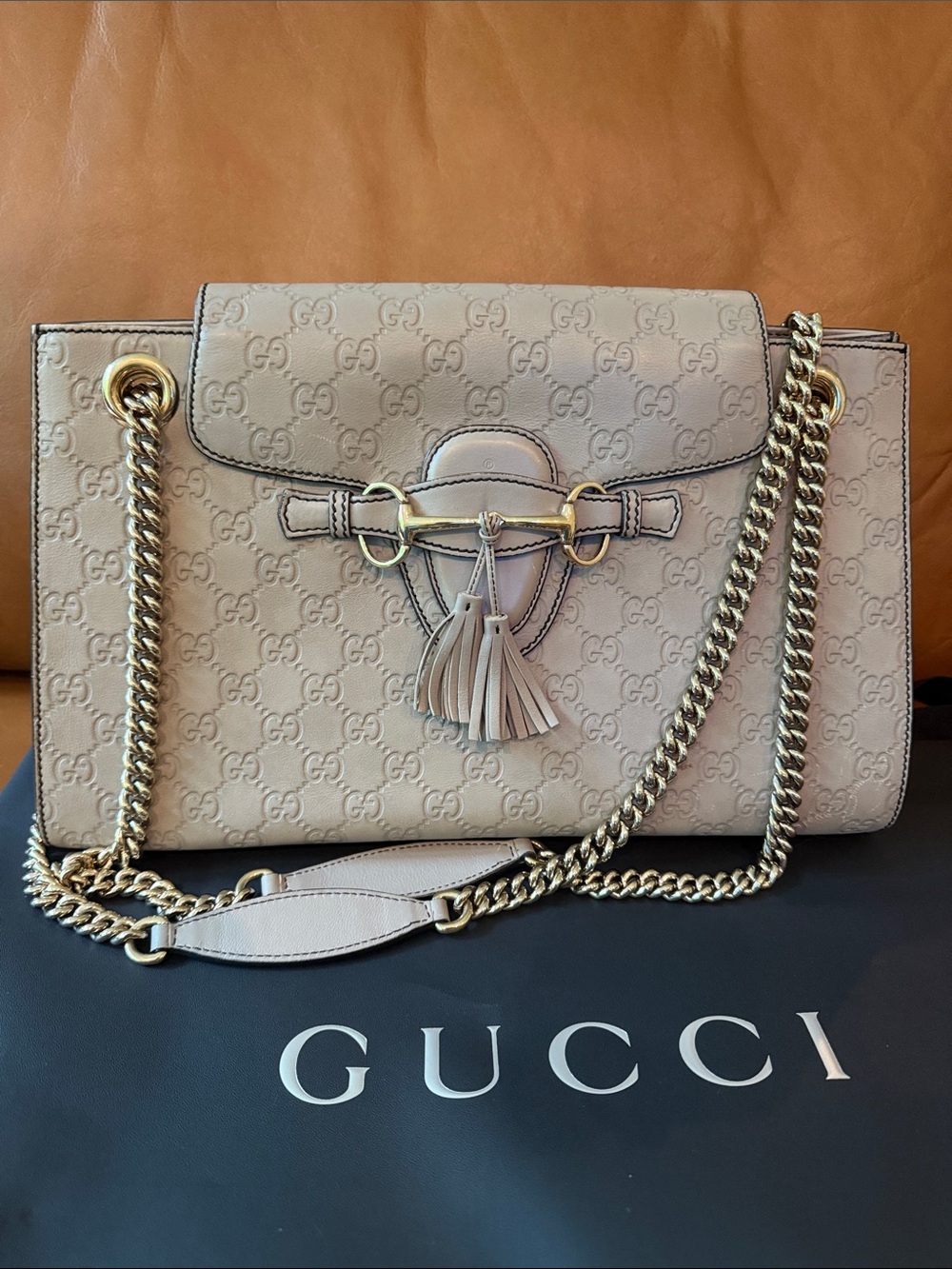 Gucci Emily Large Metallic Gray Guccissima Leather Chain Shoulder Bag